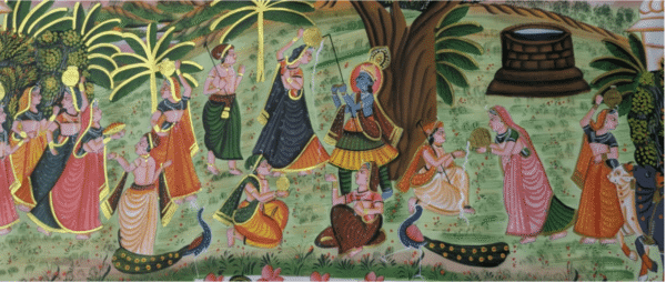 Handmade Pichwai Painting of Krishna with Gopis, Cows and Peacocks